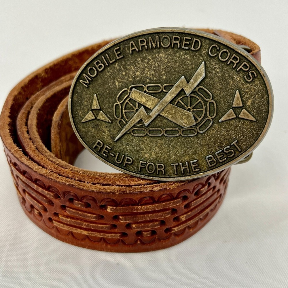 Vintage Mobile Armored Corps Belt Buckle Army Military Tooled Leather Belt 42
